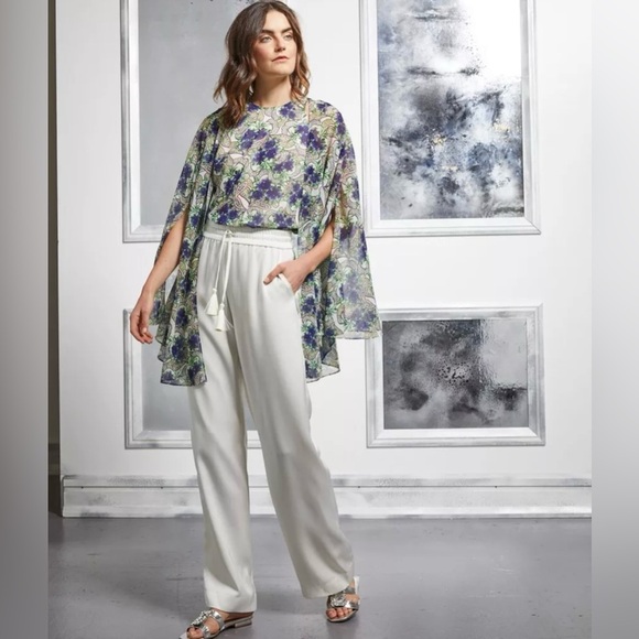 Badgley Mischka • Georgette Paisley Printed Blue Green Cape Top Sz Small Boho - Picture 1 of 10
